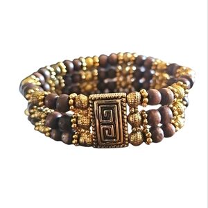 Vintage Gold Tone and Brown Wood 3 Strand Beaded 7 1/2 Inch Elastic Bracelet